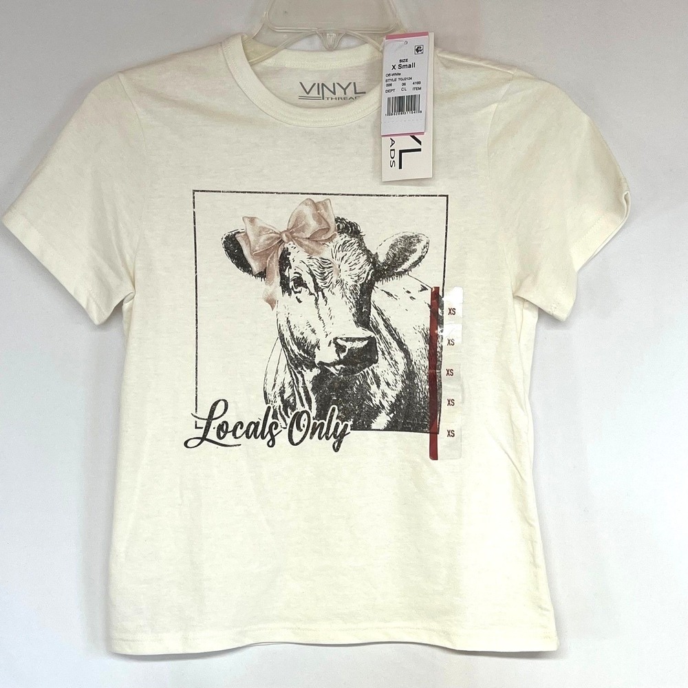 Vinyl Threads Womens Cow Graphic Tee Locals Only Off-White XXS  New